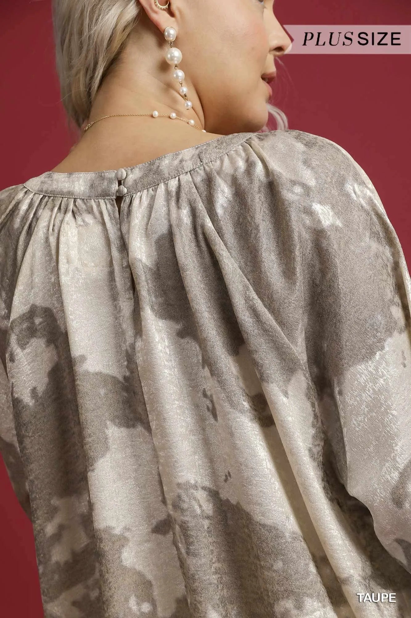 Umgee Full Size Metallic Fabric Blouse with Balloon Sleeves Plus Size