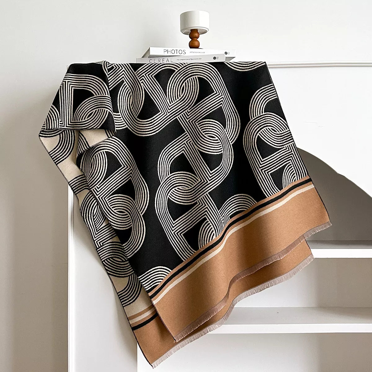 Geometric Pattern Raw Hem Scarf