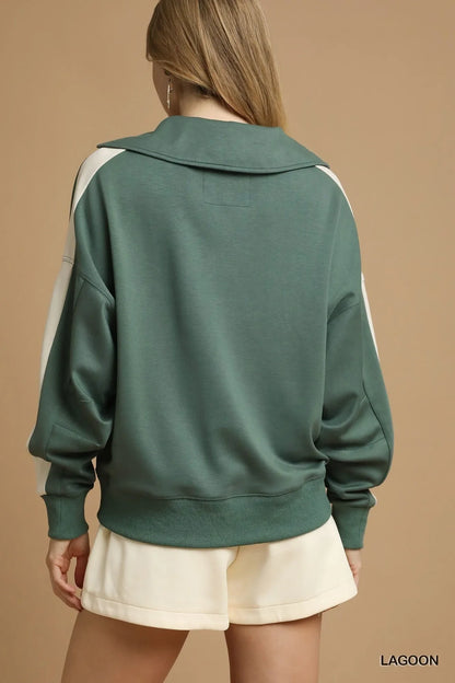 Umgee Contrast Long Sleeve Sweatshirt with Collar
