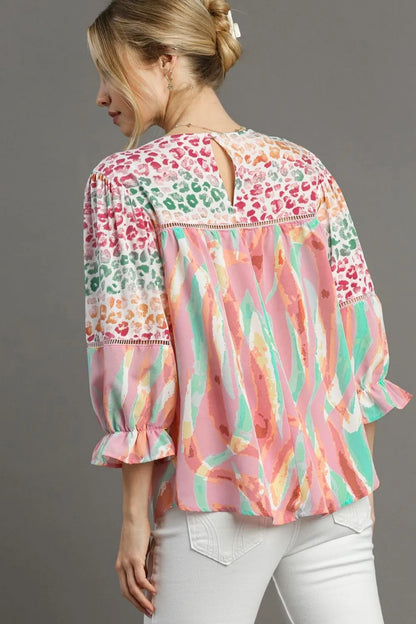 Umgee Full Size Mixed Print Lace Trim Top Plus Size