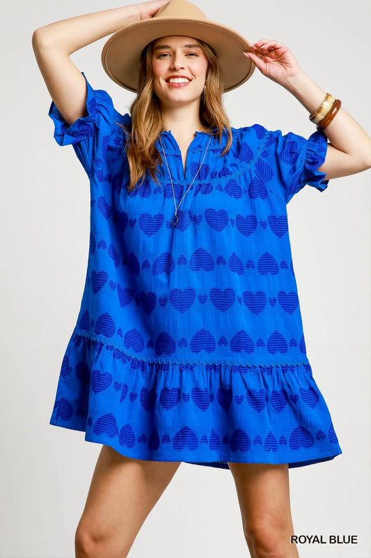 Umgee Heart Pattern Short Sleeve Ruffle Babydoll Dress