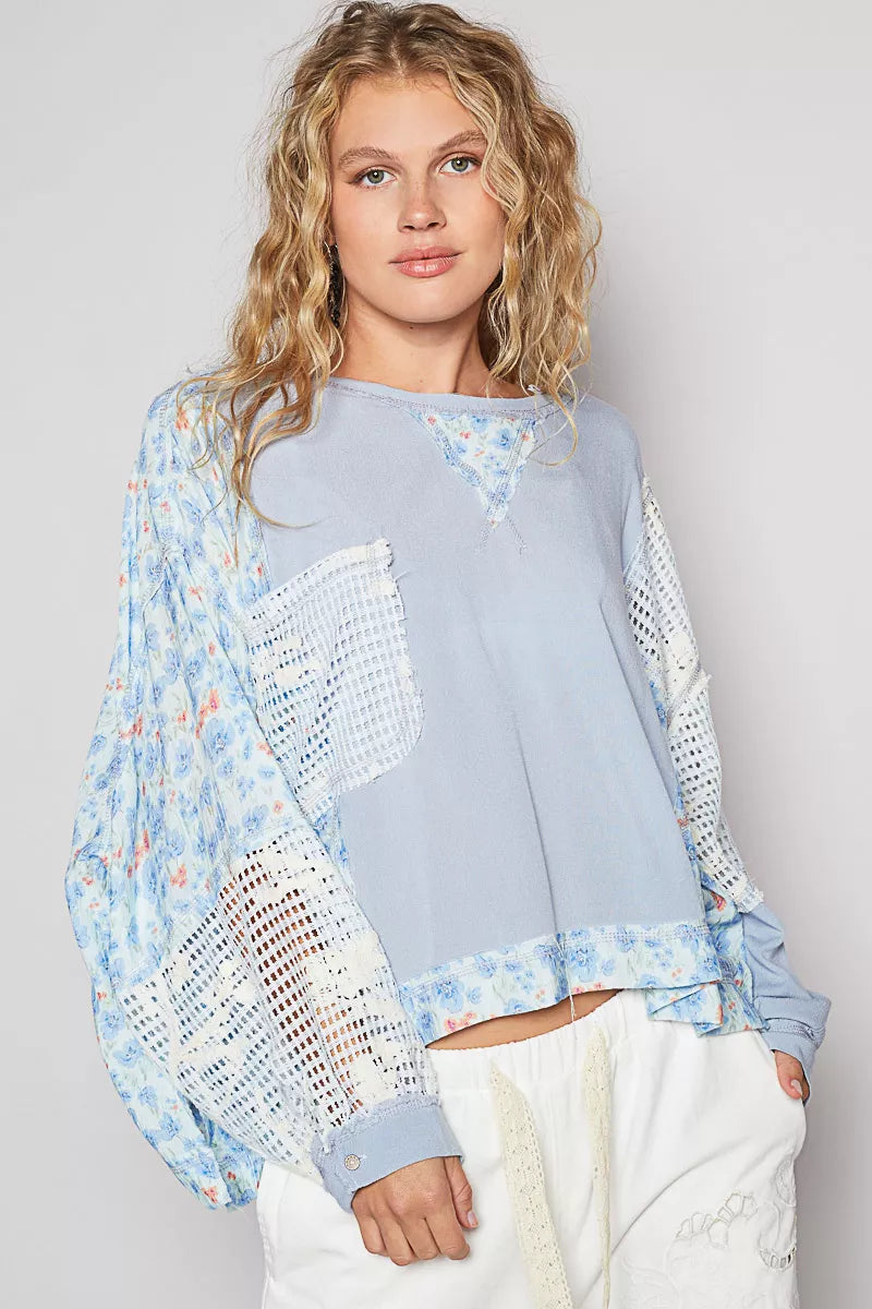 POL Round Neck Cropped Gauze Floral Pattern Top with Overlock Stitch Detail