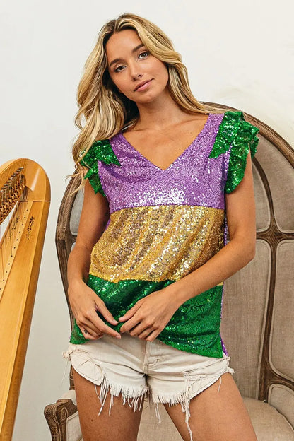 BiBi Mardi Gras Sequin Color Block Ruffled  Top