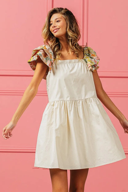 BiBi Flower Embroidered Floral Print Sleeve Dress