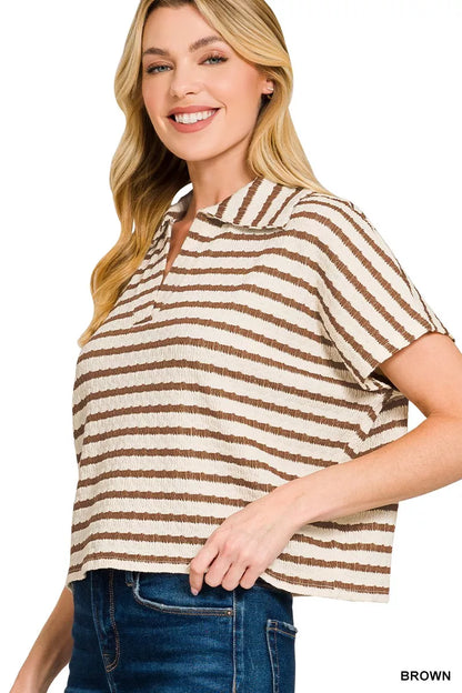 Zenana Striped Split Neck Collared Top