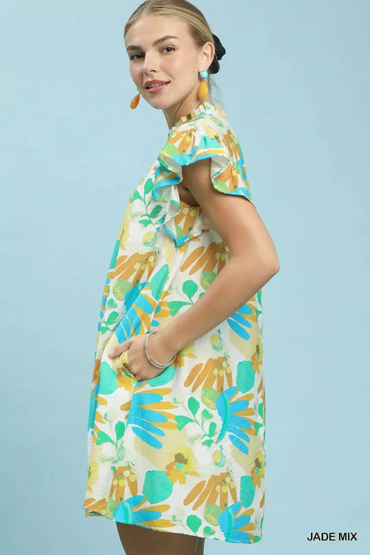Umgee Ruffled Botanical Print Mini Dress