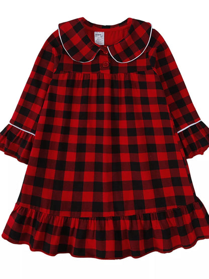 Children's Plaid Ruffle Hem Long Sleeve Dress