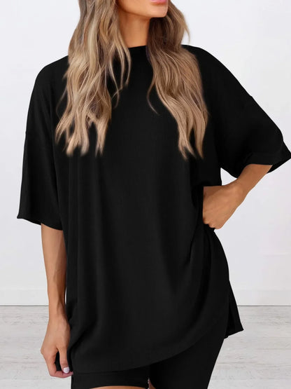 Full Size Oversized Slit Round Neck Top and Shorts Lounge Set Plus Size
