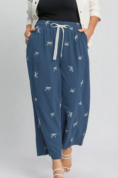 Umgee Full Size Lace Drawstring Embroidered Bow Wide Leg Pants Plus Size