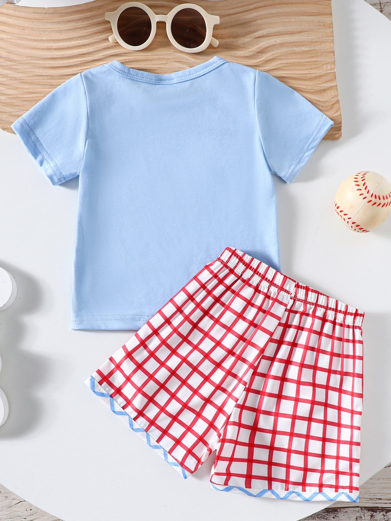Children's Baseball Embroidered Top & Plaid Shorts Set