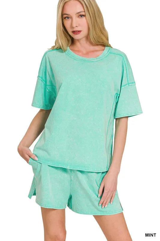 Zenana Acid Washed Short Sleeve Tee & Shorts Set