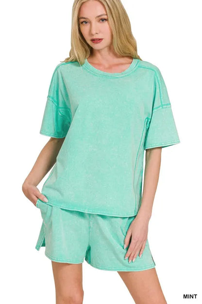 Zenana Acid Washed Short Sleeve Tee & Shorts Set