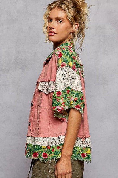 POL Lace Patch Floral Half Sleeve Shacket