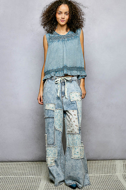 POL Button Closure on Back Ruffled Sleeveless Cotton Blouse with Trim Detail