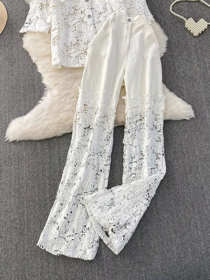 Lace Patchwork Shacket and Pants Set