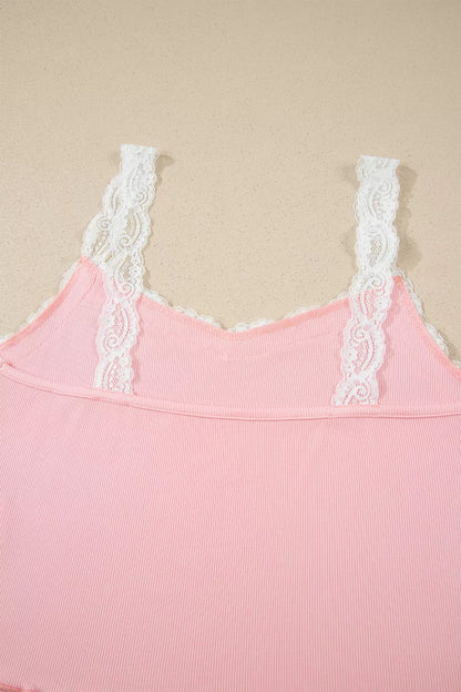 Ribbed Knit Lace Straps Patchwork Lettuce Hem Cropped Top Floral Short Lounge Set