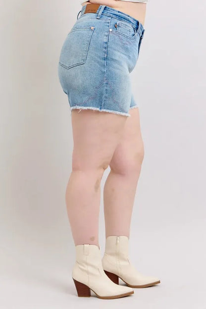 Judy Blue Plus Size High Waist Western Embroidery Detail Cut Off Denim Shorts