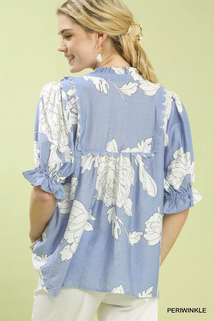 Umgee Peony Illustration Print Top with Scalloped Trim