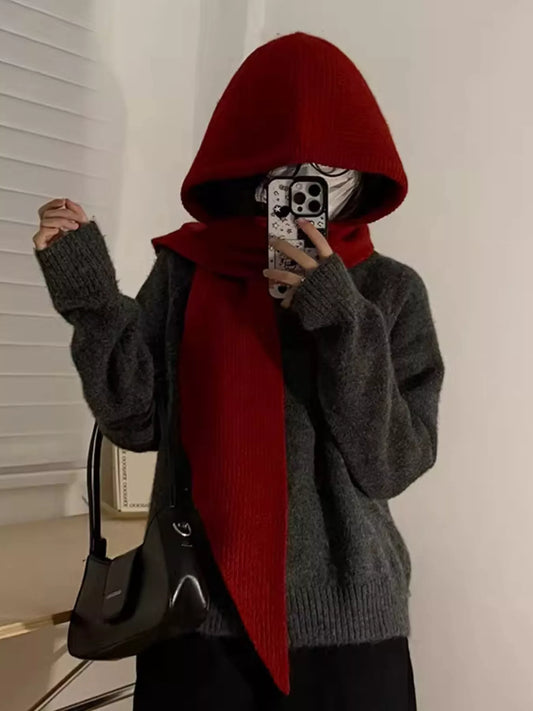 Knitted Hat with Attached Scarf