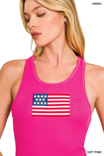 Zenana American Flag Embroidery Stretchy Ribbed Tank