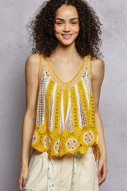 POL Openwork Stripe Pattern Flowy Tank with Scalloped Edge