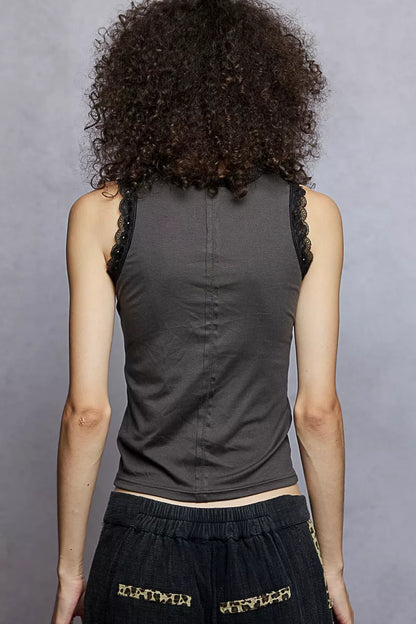 POL Round Neck Cropped Tank with Lace Trim