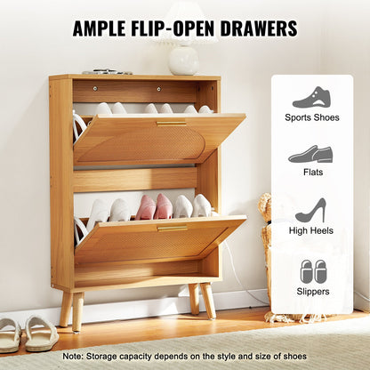 VEVOR Shoe Cabinet With 2 Flip Drawers, Shoe Storage Cabinet For Entryway, Free Standing Shoe Storage Organizer With Rattan Doors For Heels, Boots, Slippers In Hallway, Living Room