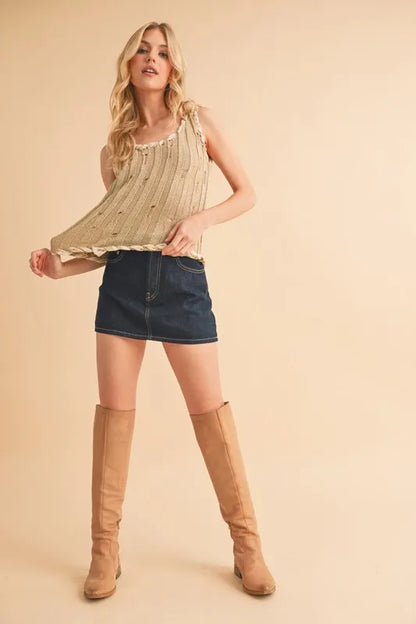 Aemi+Co Distressed Detail Round Neck Knit Tank