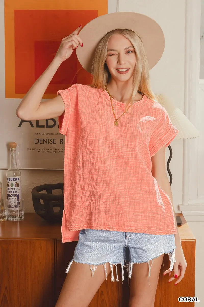 Zenana Woven Double Gauze Acid Washed Short Sleeve Top