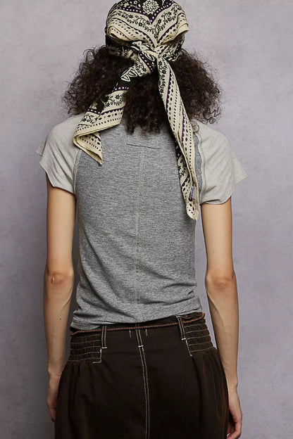 POL Round Neck Outseam Detail T-Shirt with Contrast Color Sleeves