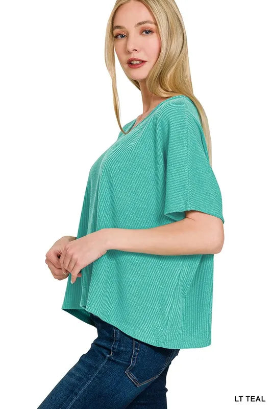 Zenana Ribbed V-Neck Short-Sleeve Knit Top