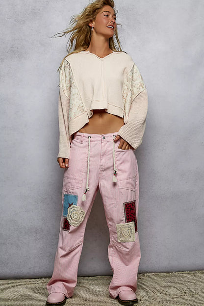 POL Mix Thermal Floral Pattern Quilted Knit Cropped Top with Raw Edge Detail