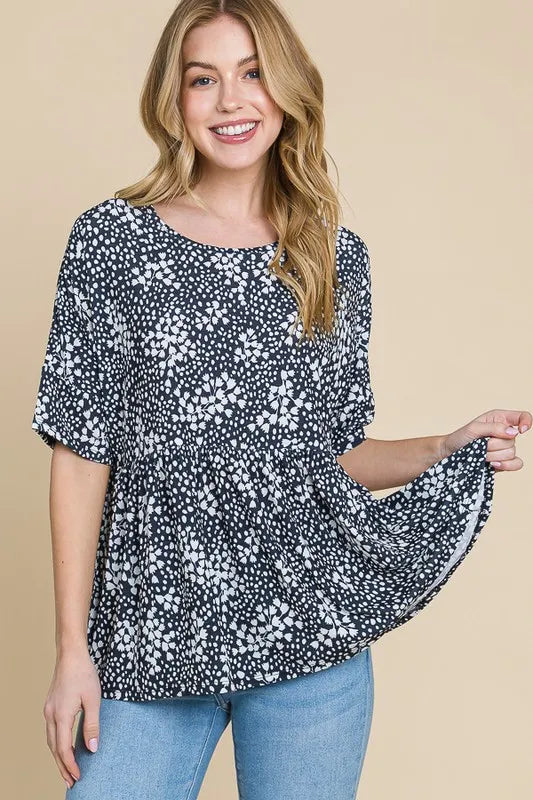 BOMBOM Floral Round Neck Peplum Blouse