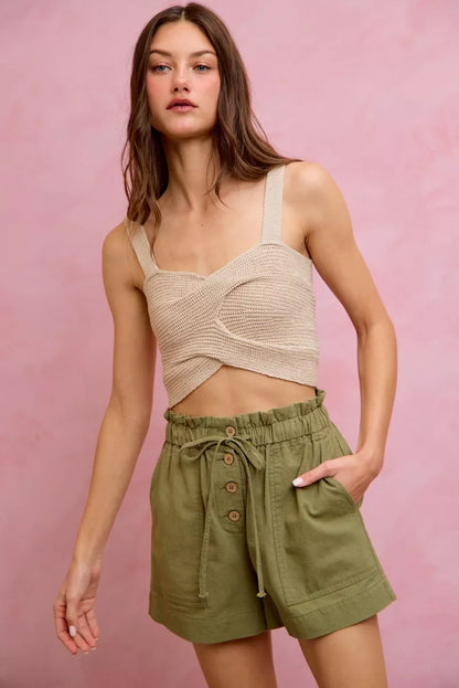 SO ME Paper Bag Patch Pocket Drawstring Twill Shorts