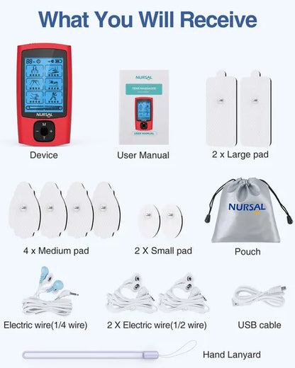 24 Modes TENS Unit Muscle Stimulator, Red Color, Rechargeable Electronic Pulse Massager With 8 Pads For Back And Shoulder Pain Relief And Muscle Strength