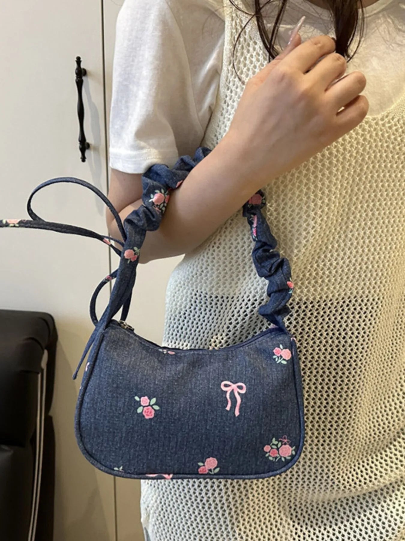 Embroidered Ruched Strap Shoulder Bag