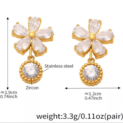18K Gold-Plated Stainless Steel Zircon Flower Drop Earrings