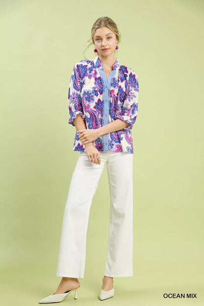 Umgee Paisley Print Button Front Blouse with Scallop Trim Detail