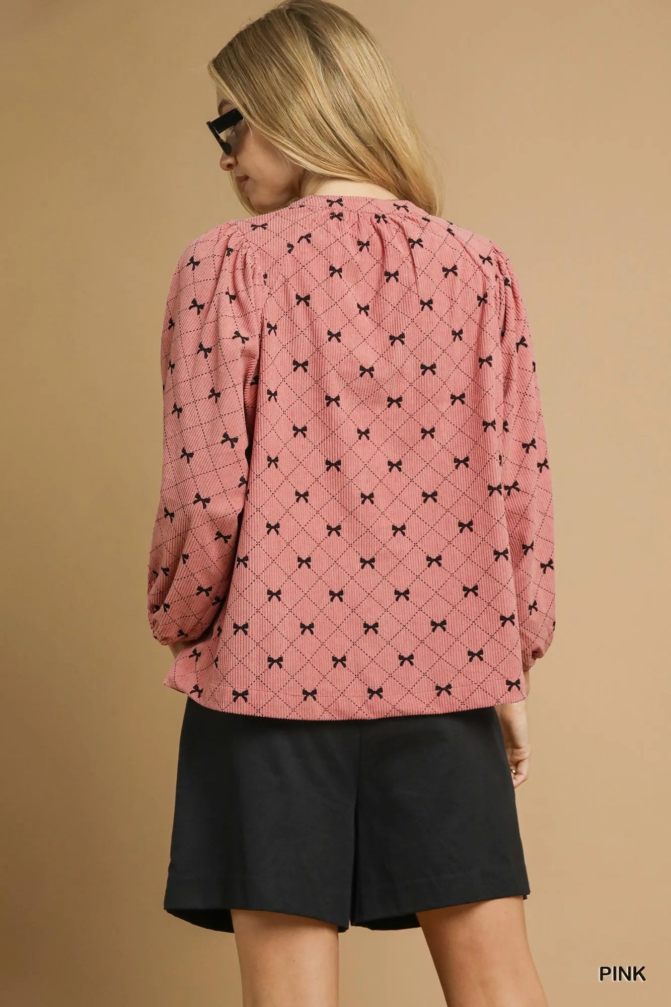 Umgee Corduroy Bow Print Balloon Sleeve Blouse
