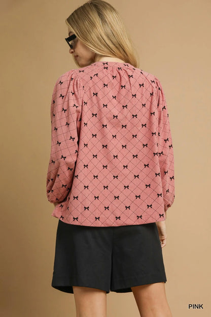 Umgee Corduroy Bow Print Balloon Sleeve Blouse