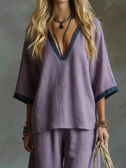 Contrast Trim V-Neck Top and Pants Set