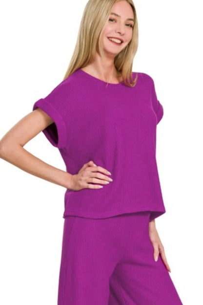 Zenana Rolled Sleeve Top and Pants Sweater Set