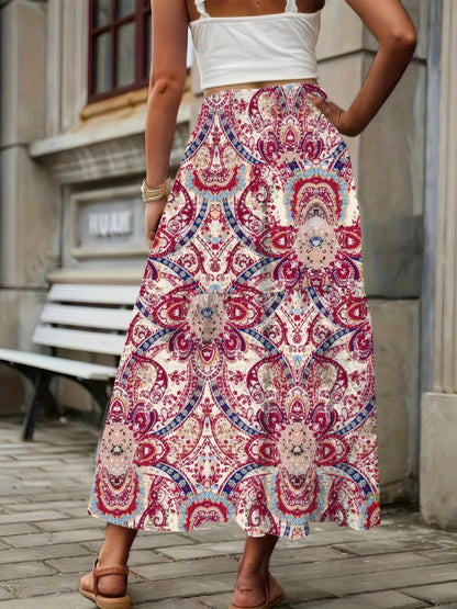 Smocked Printed High Waist Skirt