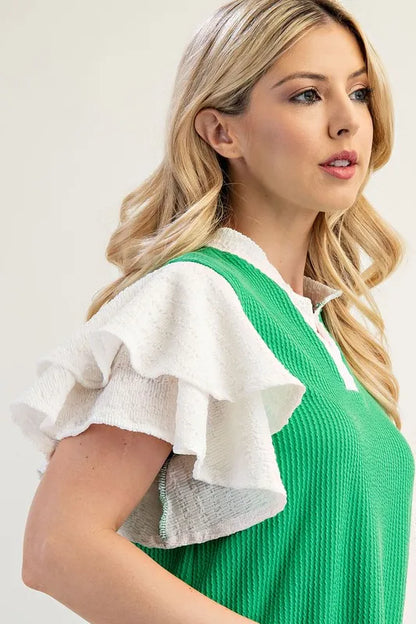 Celeste Full Size Solid Color Top with Ruffle Layered Sleeves Plus Size