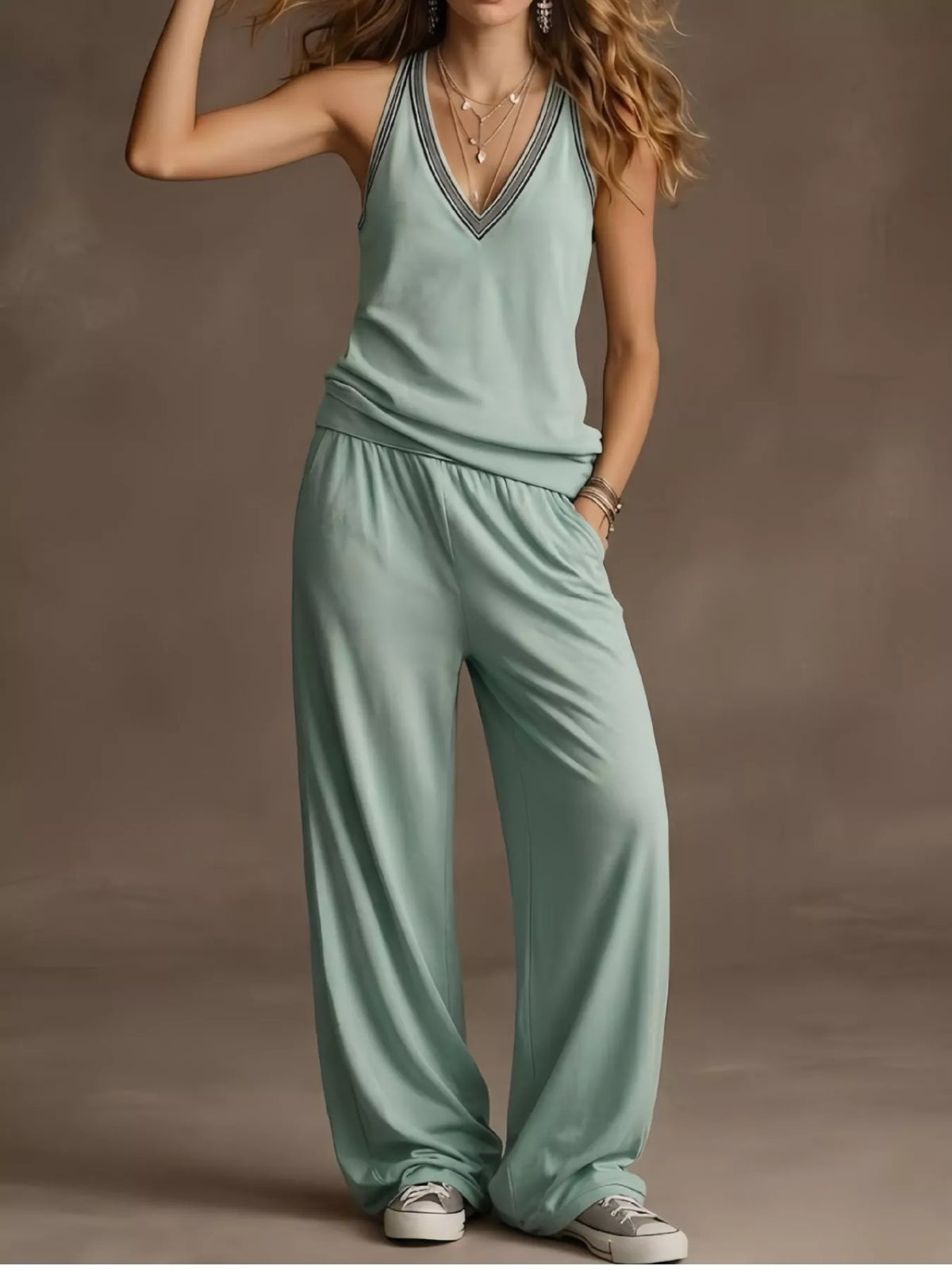 Full Size V-Neck Tank Top & Wide-Leg Pants Set Plus Size