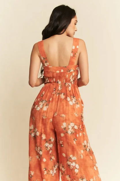 Davi & Dani Floral Ruffle Square Neck Smocking Bodice Jumpsuit