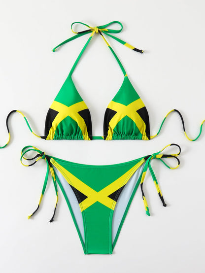 Women's Jamaica Flag Print Triangle Bikini Set, Halter Tie Top & Side Tie High Cut Bottom, 2 Piece Caribbean Swimsui