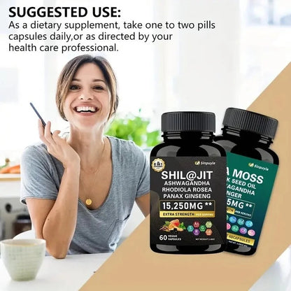15-in-1 Sea Moss & 8-in-1 Shilajit Ashwagandha Supplement Bundle Energy Mood Support 60 Capsules Each