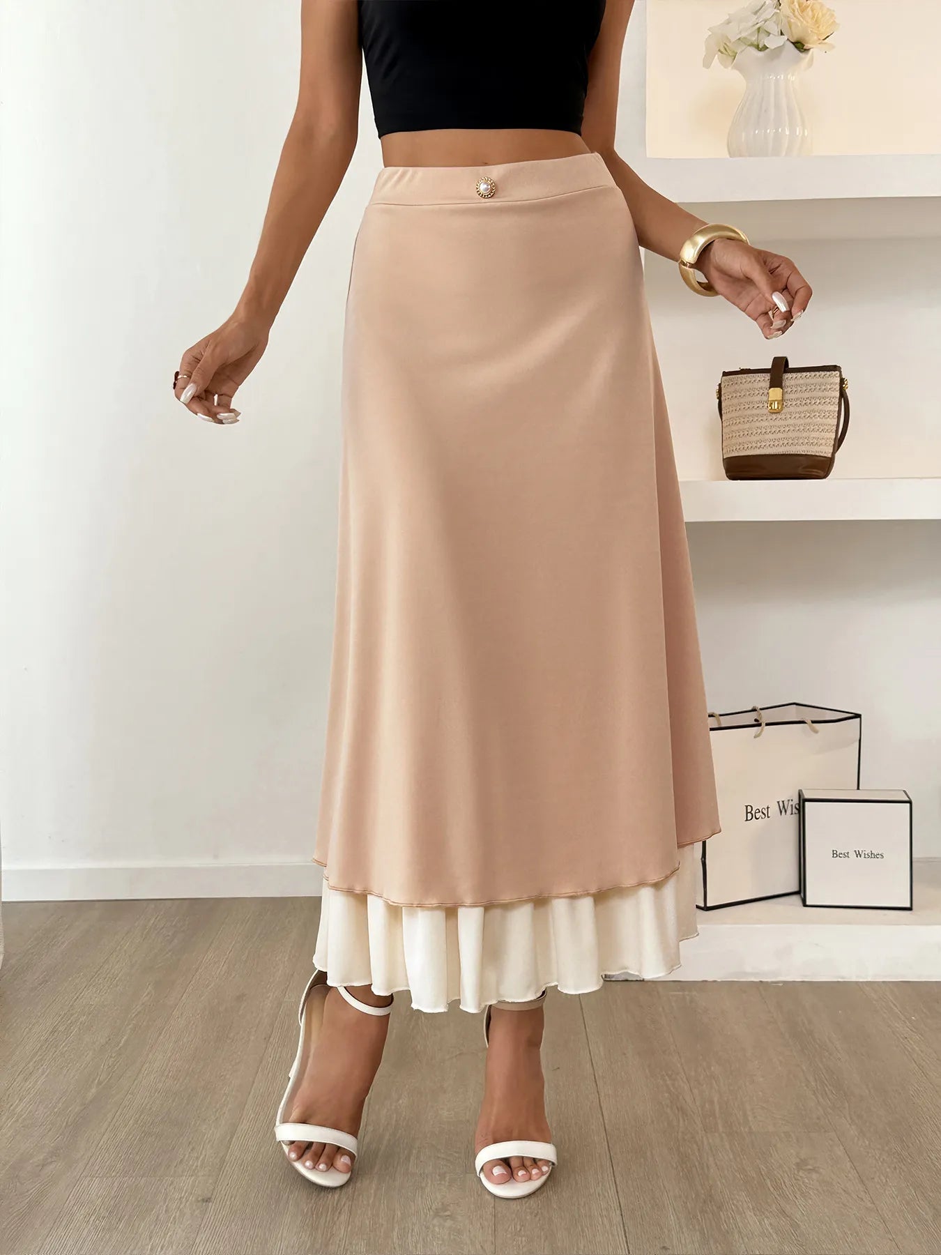 Layered Midi Skirt with Contrast Hem Detail