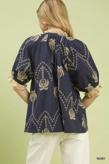 Umgee Embroidered Palm Print Tassel Tie Blouse